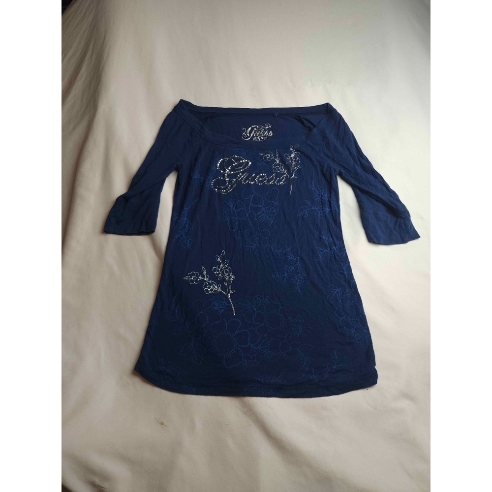 Guess Shirt‎ Womens Medium Blue Rhinestone Floral Knit Casual Summer Bling Top